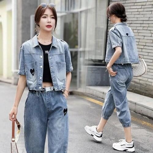 Denim Short Jacket Female Short-Sleeved Harem Cropped Trousers 2021 Summer New Korean Fashion Loose Thin Two-Piece Suit Commute