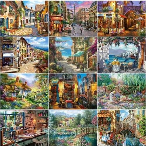 GATYZTORY Townlet Landscape Pictures By Number handpainted Home Decoration Oil Painting By Number Drawing Canvas Wall Art Gift