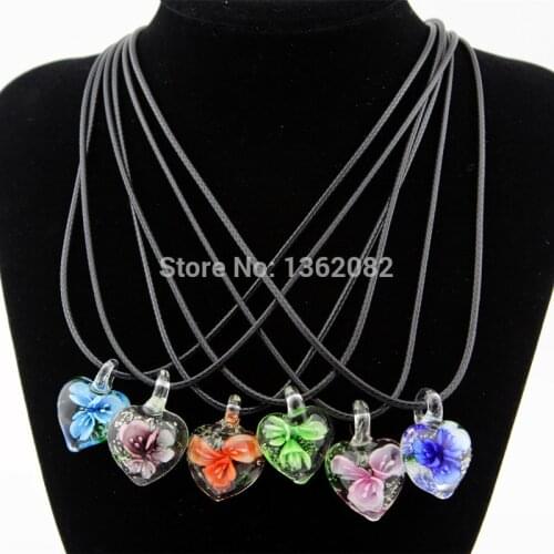Hot Selling Charming Noctilucent Heart Lampwork Glass Pendants Flower Murano Glass Charms Necklace for girl womens gift MN569