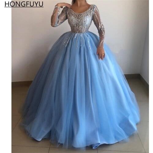 HONGFUYU Floor Length Ball Gown Prom Dresses Sky Blue Scoop Long Sleeves Evening Formal Dress Silver Sequined robes de soirée