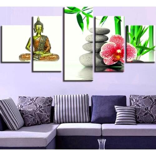 Full Square round 5D Diy Diamond Painting Bamboo Orchid Stone Buddha Zen Embroidery Mosaic Living Room Background 5 Piece A2434