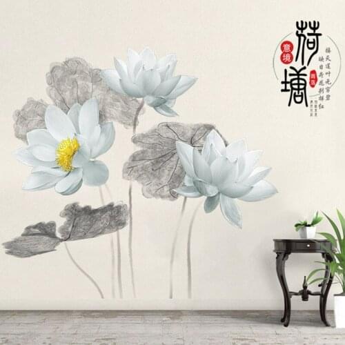 Chinese Style Lotus Wall Stickers Bedroom Living Room Home Decor Aesthetic Vintage Sofa Background Mural Wallpaper