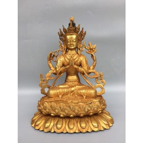 13"Chinese temple collection Old Bronze Gilt Four-arm Guanyin Buddha Statue Bodhisattva sit Lotus Terrace Ornaments Town House