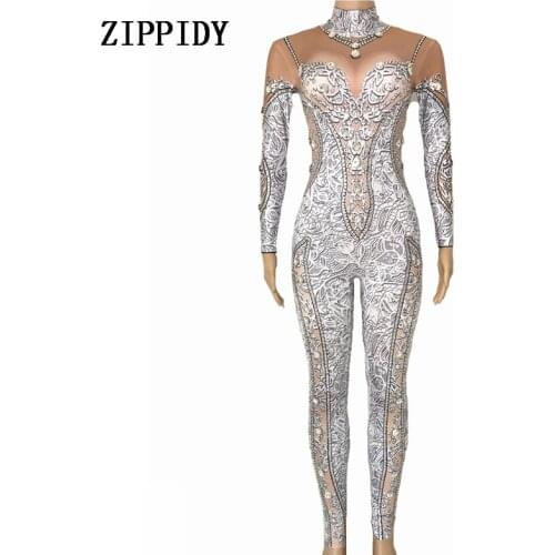 Sparkly Crystals Jumpsuit Sexy Stones Stretch Bodysuit Womens Stage Performance Celebrate luxurious Costume Dance Rompers
