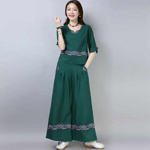 Chinese Style 2 Piece Sets Womens Outfits Cotton Linen Wide Leg Pant Set Tang Suit Female Elegant Two Piece Set Summer 11244