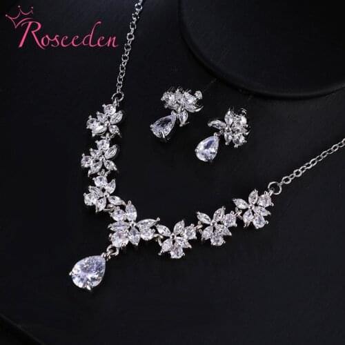 American Bridal Accessories CZ Stone Wedding Necklace And Earrings Flower Cubic Zircon Brides Jewelry Sets RE4285