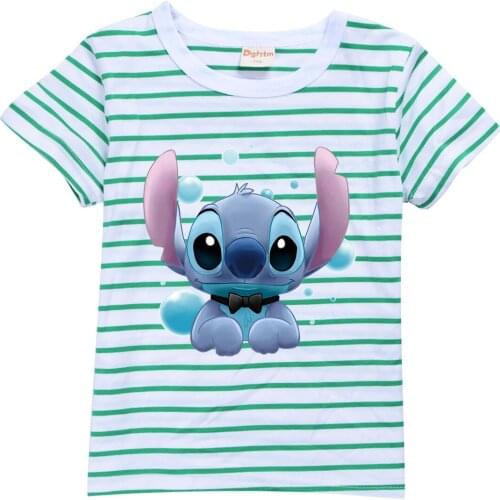 STITCH Summer Stripe T-shirt Childrens Short Sleeve Top Kids Clothes Boys Baby Shirt Teenage Girls