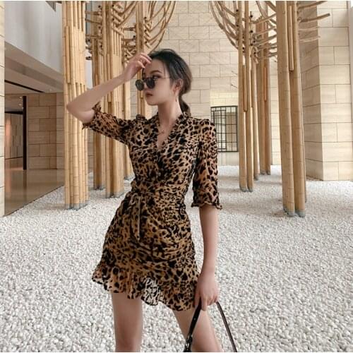 2021Summer Women Slim Deep V Sexy Mini Dresses Prom Club Female Sexy Leopard Print Party Dress