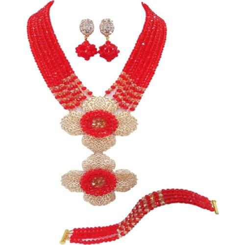 Fashion Red Gold Nigerian Wedding Necklace African Beads Jewelry Set Crystal Bridal Jewelry Sets 6DHJZ24