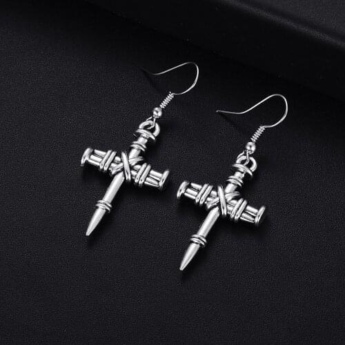 Trendy Vintage Cross Shape Dangle Antique Silver Plated Earrings for Women Girl Retro Drop Earrings Cute Earring Jewelry Bijoux