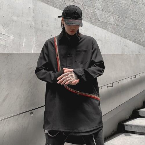 Harajuku punk shirt men With zipper Extra long Black color Long sleeve Autumn Spring