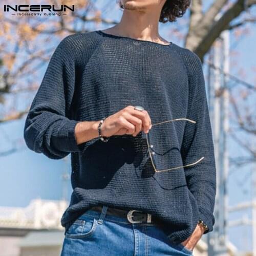 Men T Shirt Solid Color Round Neck Long Sleeve Knitted Sexy Fashion Men Clothing 2021 Streetwear Casual Camisetas 5XL INCERUN 7