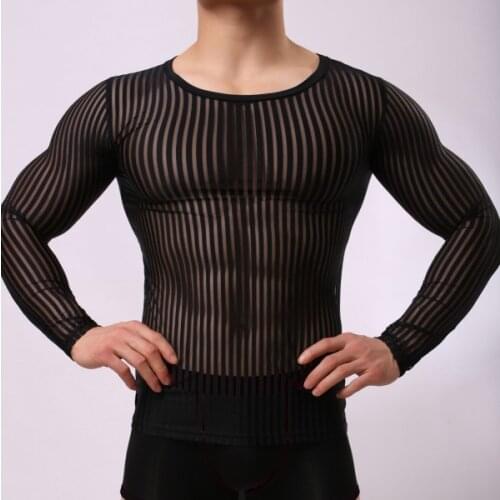 Men 's Transparent Mesh Long Sleeve Tops Sexy Gay clothing gauze shirts Black white man clothes striped see through Undershirt