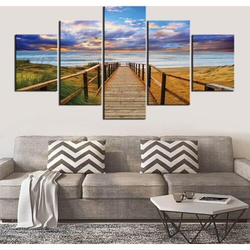 Wall Art Painting Wharf Sunset Island Poster 5 Panels Canvas Pictures For Living Room Oil Painting Home Decoration