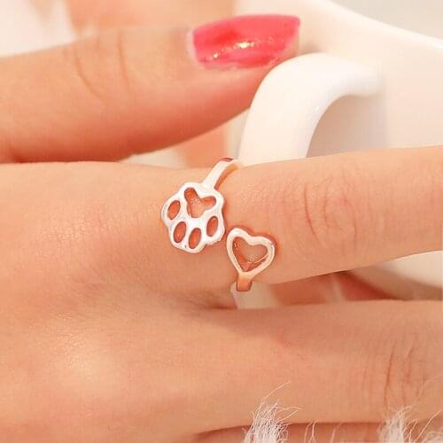 New Simple Fashion Girl Accessories Love Heart Cat Dog Animal Paw Print Ring For Women Open Adjustable Rings Jewelry