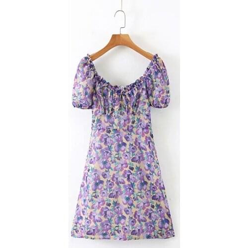 JC·KILIG Spring 2021New French Slim And Slim Versatile Print Dress With Flounce Lace and Purple Florets 9001
