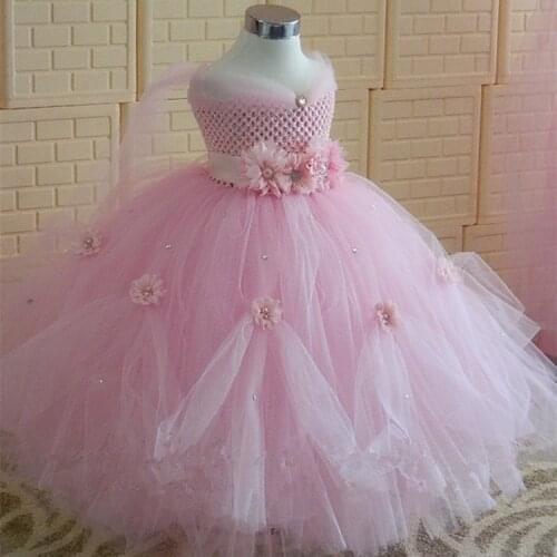 Girls Pink Flower Princess Tutu Dress Kids Crochet Evening Dress Long Ball Gown Children Birthday Party Banquet Costume Dresses