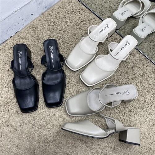 High Heel Sandals 2021 Women Mothers Slipper Square Toe Slip On Mules Shoes Fashion Zebra Pattern Square Low Heel Ladies Slides