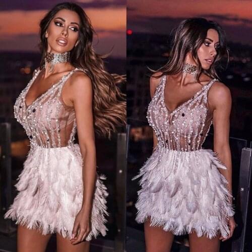 Sexy Short Feather Cocktail Dresses 2020 Beaded V Neck Prom Dress Evening Gowns Yousef aljasmi Party Occasion Dress