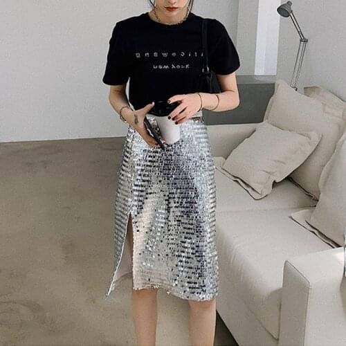 Heavy Sequin Skirt Women High Waist Split Package Hip Silver Skirts Faldas Mujer Moda 2020 Sexy Woman Skirts