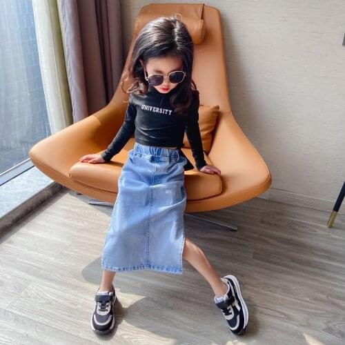 Big Girls Skirt Summer Childrens Clothes Denim Skirt Retro Mid-length Slit High Waist A-line Skirt Light Blue Dress Causal