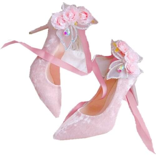 Velvet butterfly flower pink princess shoes wedding Butterfly velvet womens shoes stiletto heels single shoes strap cos Lolita