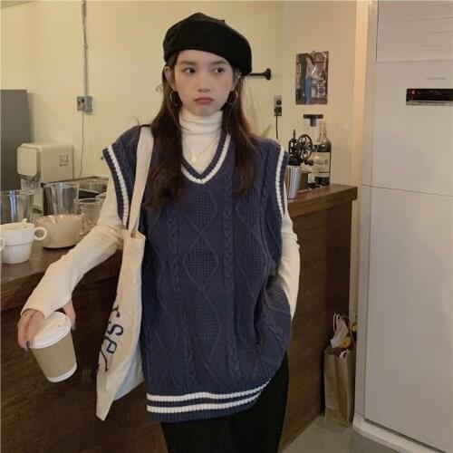 Knitted Vest Womens Spring Autumn New Loose Sweater Outer Wear Sleeveless Waistcoat Vest Knitted Jacket Female Vest Pullover
