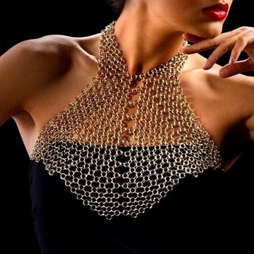 Gold hollow mesh harness Necklace exaggerated Chain Bikini Punk Slave shoulder chain Choker Jewelry