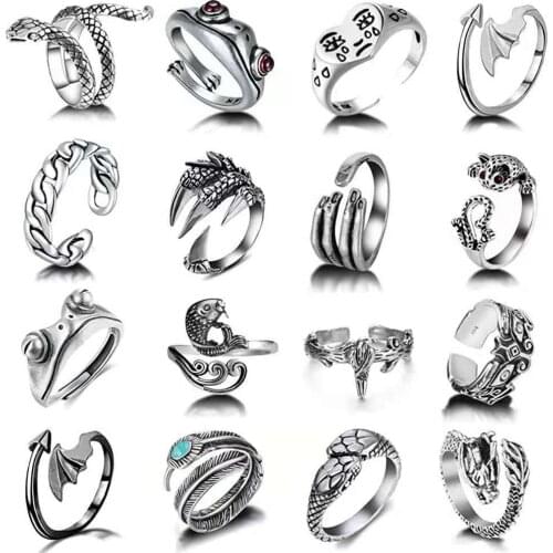 16Pcs Animal Snake Frog Rings Silver Color Metal Punk Open Adjustable Exaggerated Finger Ring for Women Men Party Jewelry Gift
