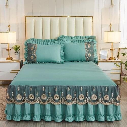 2020 new products Frosted embroidery Bed spread Fitted Sheet Pillowcases 2/3 pcs Luxury Solid Princess Embroidered lace bedding