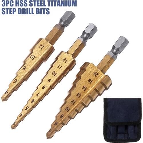 3Pcs Two Flute Hex Shank Titanium Step Drill HSS Metal Drill Hole Cutter Bit Set Home DIY Construction Tool With Pouch
