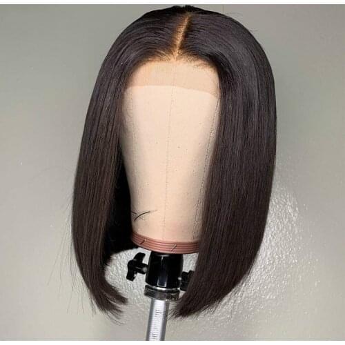 Deep Middle Part Black Short Bob Silky Straight Lace Front Wig For Women Human Remy Babyhair Preplucked Brazilian Can Dye Permed