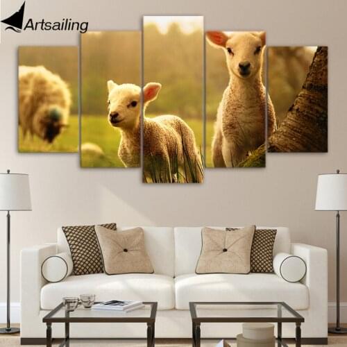 ArtSailing 5 Canvas HD Printed Wall Art Poster Cute Little White Sheep Animal Paintings Wall Canvas Framed For Kids Bedroom