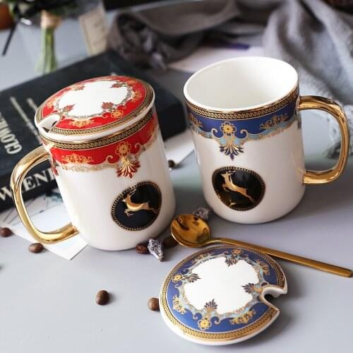 Ceramic Tea Coffee Mug With Lid & Spoon Milk Coffee Tea Cup Drinkware Kitchen Drinking Utensils Cup For Lovers Wedding Gift