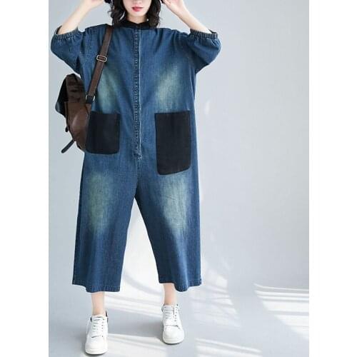 Washed Denim Jumpsuits Long Jeans Bleached Double Pockets Overalls Stand Collar Button Casual Wide Leg Pants Women Rompers 2021