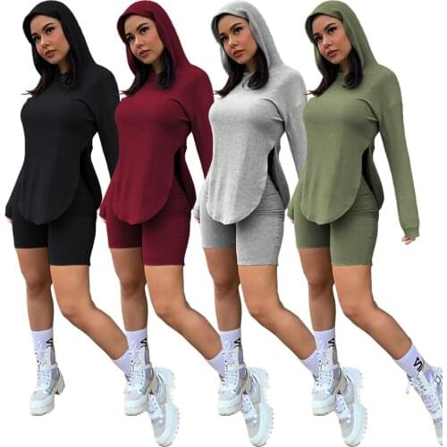 New Spring Autumn Womens Sport Suit Hooded Long Sleeve Side Split Loose Pullover + Skinny Biker Short Two Piece Set Tracksuit