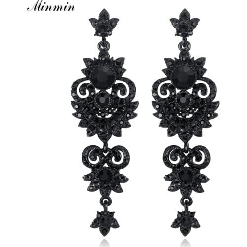 Minmin Luxury Floral Black Color Vintage Earrings Unique Design Crystal Long Drop Earrings Women Fashion Jewelry 2019 MEH938