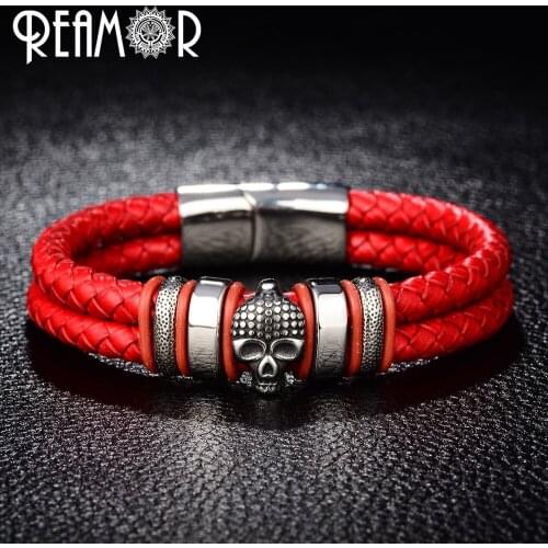 REAMOR 316l Stainless Steel Male Bracelets Skull Head Charms Bracelet Trendy Double Layer Braided Leather Bangles Mens Jewelry