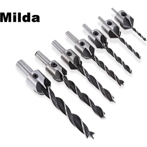 Milda New Useful 3mm-10mm 7pcs HSS 5 Flute Countersink Drill Bit Set Drill Press Set Chamfer Reamer Woodworking Power Tools