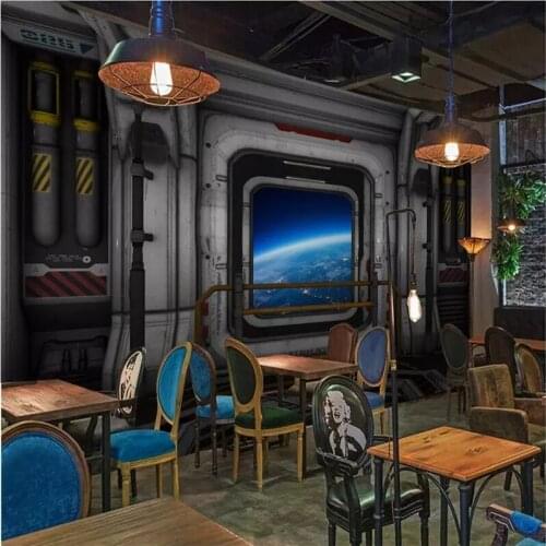 Custom Walls 3D Stereoscopic Spaceship Bar Restaurant Industrial Wind Walls Decor Murals Living Room Self Adhesive Wallpapers