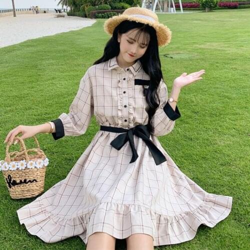 2020 Womens Spring and Autumn Students Short-Height Womens New Hipster Short Sleeve and Plaid All-match Retro lolita Dress