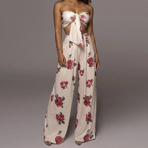 2021 Summer New Womens Sexy Printed Lace-Up Tube Top High Waist Long Trousers Two-Piece Suit Fashionable Holiday Beach Wear