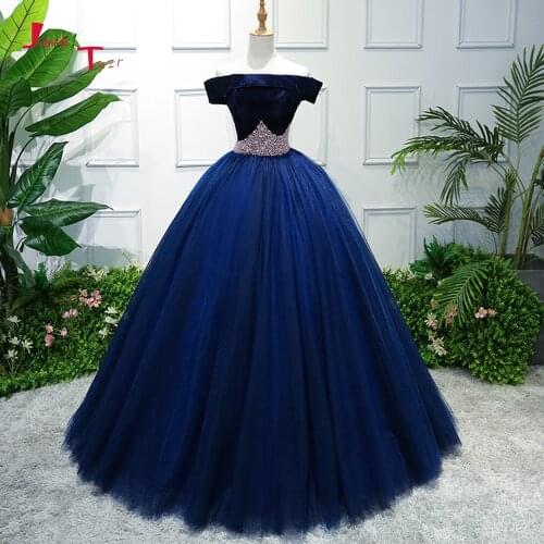 Joky Quaon 2019 New Special Off The Shoulder Short Sleeve Lace Up Shiny Pearls Blue Ball Gown Wedding Dress Vestidos De Noiva