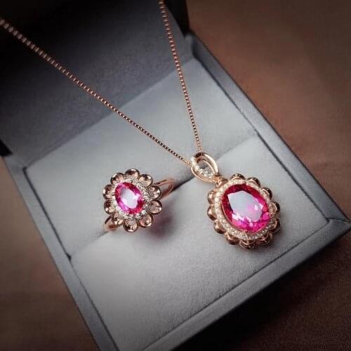 Attractive natural red topaz gemstone necklace and ring women jewelry set 925 sterling silver real natural gem New year gift