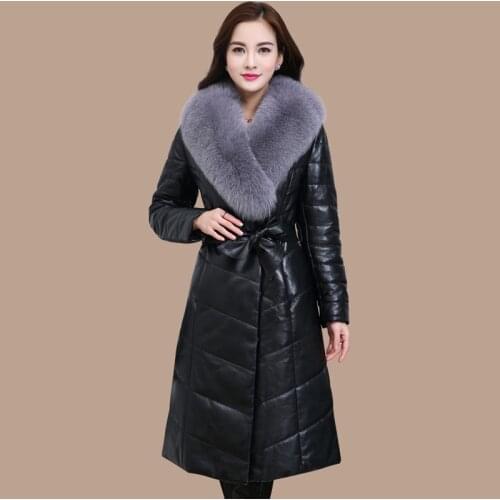 Faux Sheepskin Leather Coat Women Winter Imitation Fox Fur Collar Overcoat Elegant Long Down Cotton Parkas Chaqueta Cuero Mujer