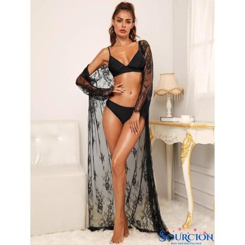 SWT Pajamas Robe Sleepwear Women Long Sleeve Lace Dress Solid Sexy Underwear Lingerie Satin Silk Belt Slim Sexy Costume