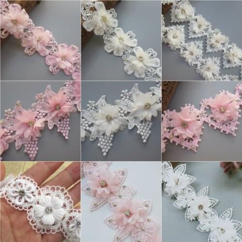 Soluble Diamond Rhinestones Flower Embroidered Lace Trim Ribbon White Pink Fabric Sewing Supplies Craft, DIY Handmade Materials