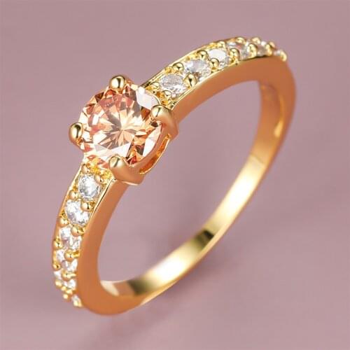 Vintage Female Champagne Crystal Stone Ring Charm Gold Color Engagement Ring Cute Bridal Round Zirconia Wedding Rings For Women