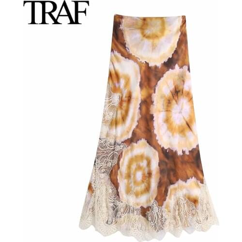 Traf Za Women Summer Lace Medium Length Skirt Chic Vintage Satin Midi Skirt A-line High Waist Gothic Tie Dye Printing Skirts