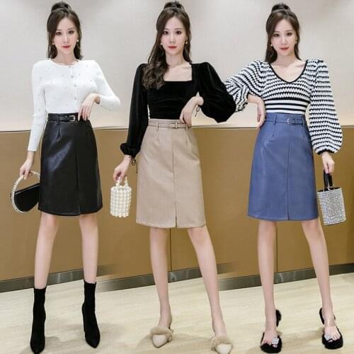 PU Leather Midi Skirts Women Autumn & Winter 2021 New Mid-length A-line Leather Sexy Hip Straight Skirt Office Lady BSQ547